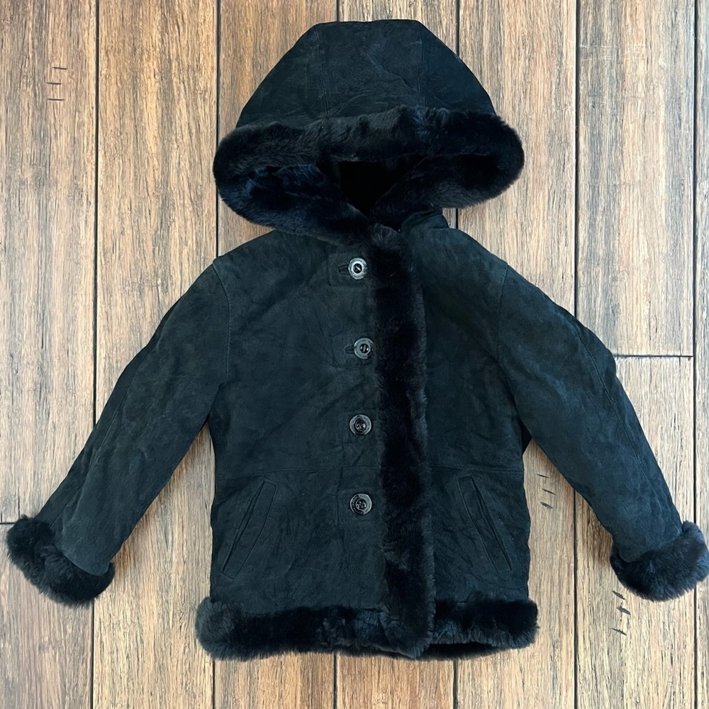 Wilsons Leather Girls Black Suede Fur Trimmed Coat XS Kids Hooded 4 5 Jacket